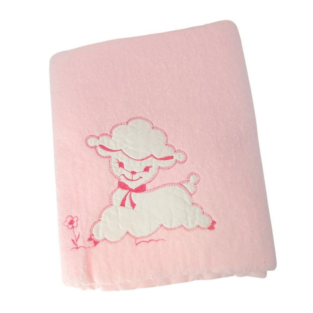 Vintage Quiltex Pink Baby Lamb Sheep Blanket Acrylic Satin Trim USA 38x50